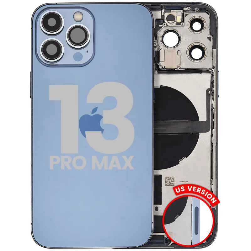Zadní kryt (housing) s flexem nabíjecího konektoru a drobnými díly pro iPhone 13 Pro Max (US verze) (originál z vyřazeného zařízení, stav B) (horsky modrá)