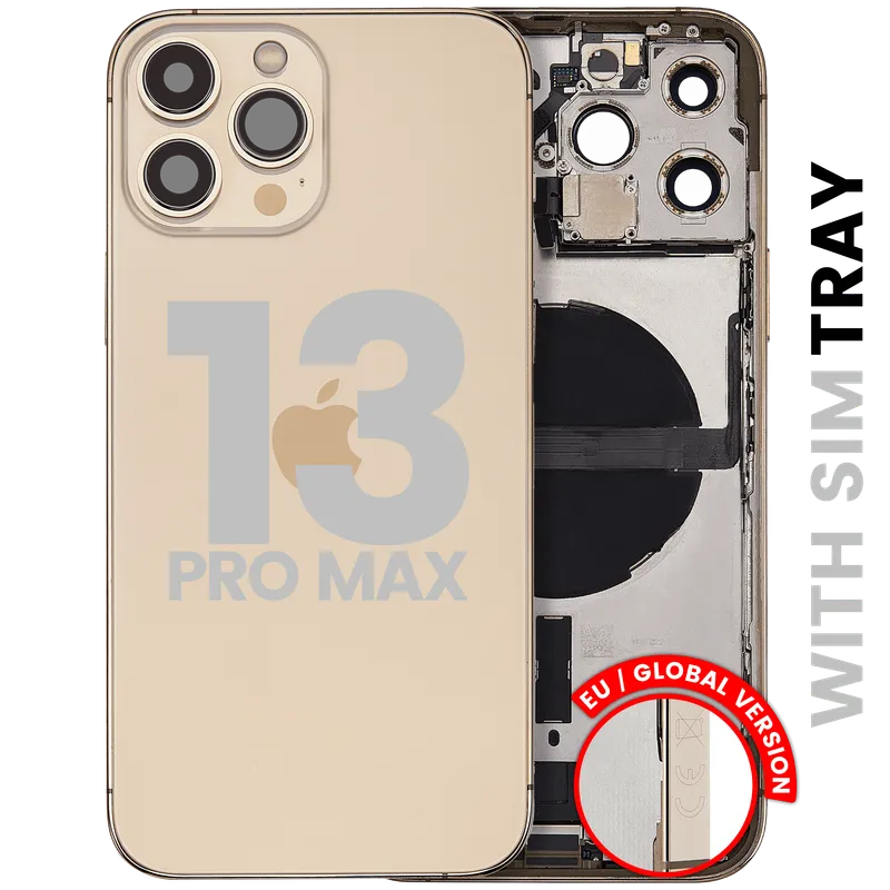Zadní kryt (housing) s flexem nabíjecího konektoru a drobnými díly pro iPhone 13 Pro Max (EU verze) (originál z vyřazeného zařízení, stav B) (zlatá)