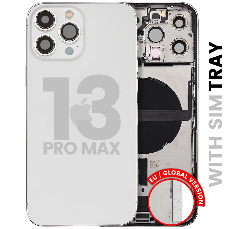 Zadní kryt (housing) s flexem nabíjecího konektoru a drobnými díly pro iPhone 13 Pro Max (EU verze) (originál z vyřazeného zařízení, stav B) (stříbrná)