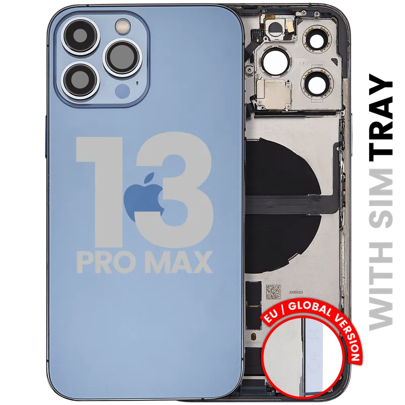 Zadní kryt (housing) s flexem nabíjecího konektoru a drobnými díly pro iPhone 13 Pro Max (EU verze) (originál z vyřazeného zařízení, stav B) (horsky modrá)