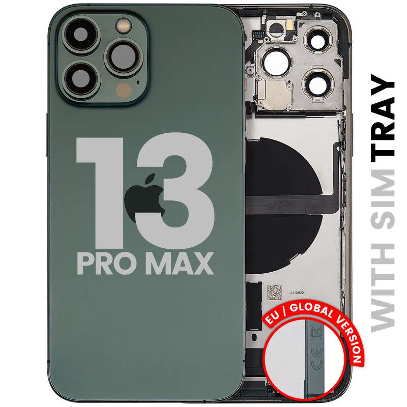 Zadní kryt (housing) s flexem nabíjecího konektoru a drobnými díly pro iPhone 13 Pro Max (EU verze) (originál z vyřazeného zařízení, stav B) (alpsky zelená)
