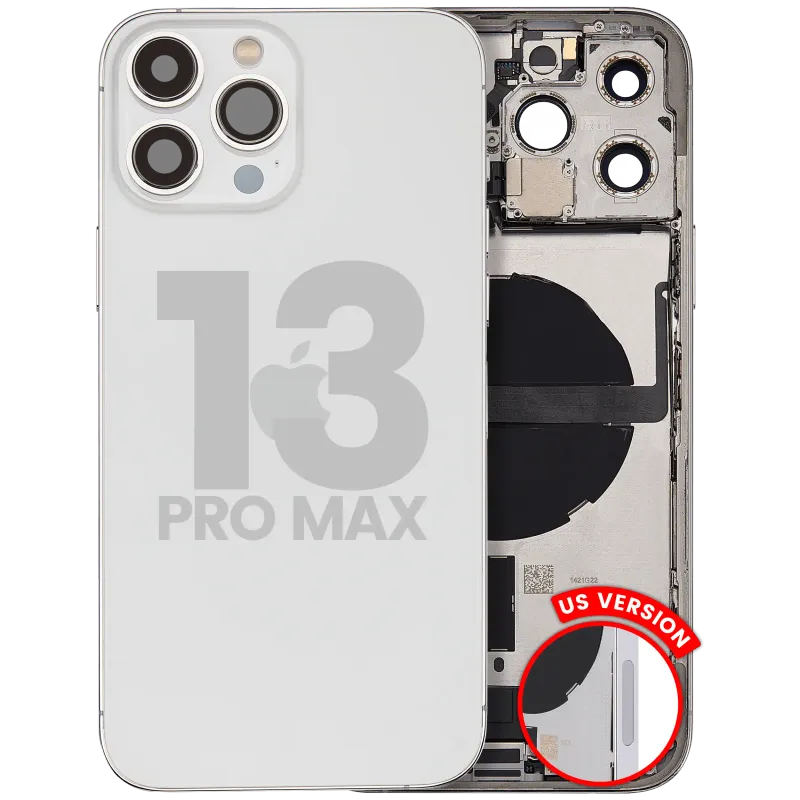 Zadní kryt (housing) s flexem nabíjecího konektoru a drobnými díly pro iPhone 13 Pro Max (US verze) (originál z vyřazeného zařízení, stav A) (stříbrná)