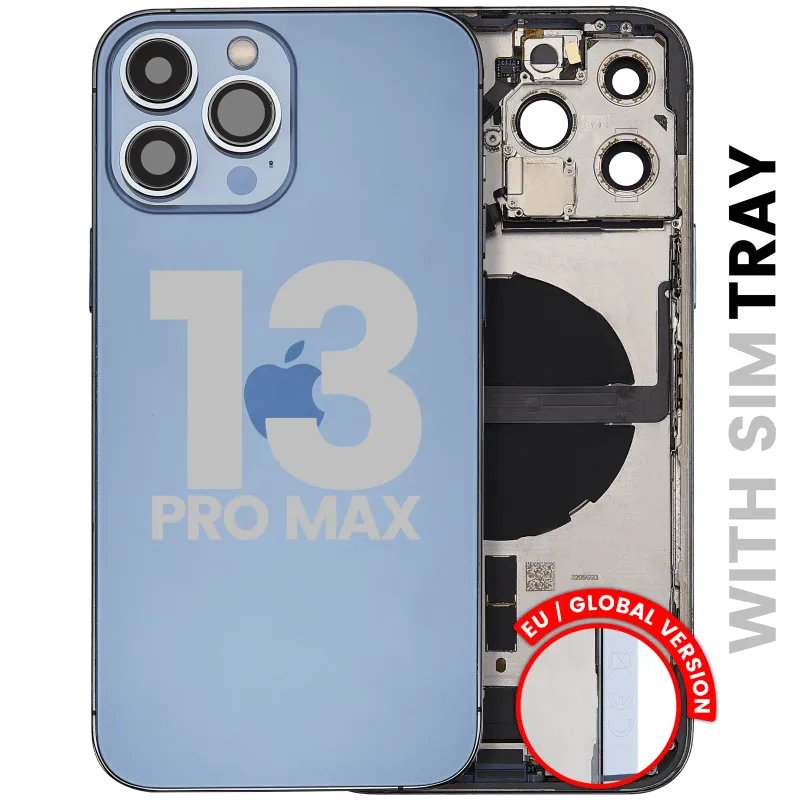 Zadní kryt (housing) s flexem nabíjecího konektoru a drobnými díly pro iPhone 13 Pro Max (EU verze) (originál z vyřazeného zařízení, stav A) (horsky modrá)