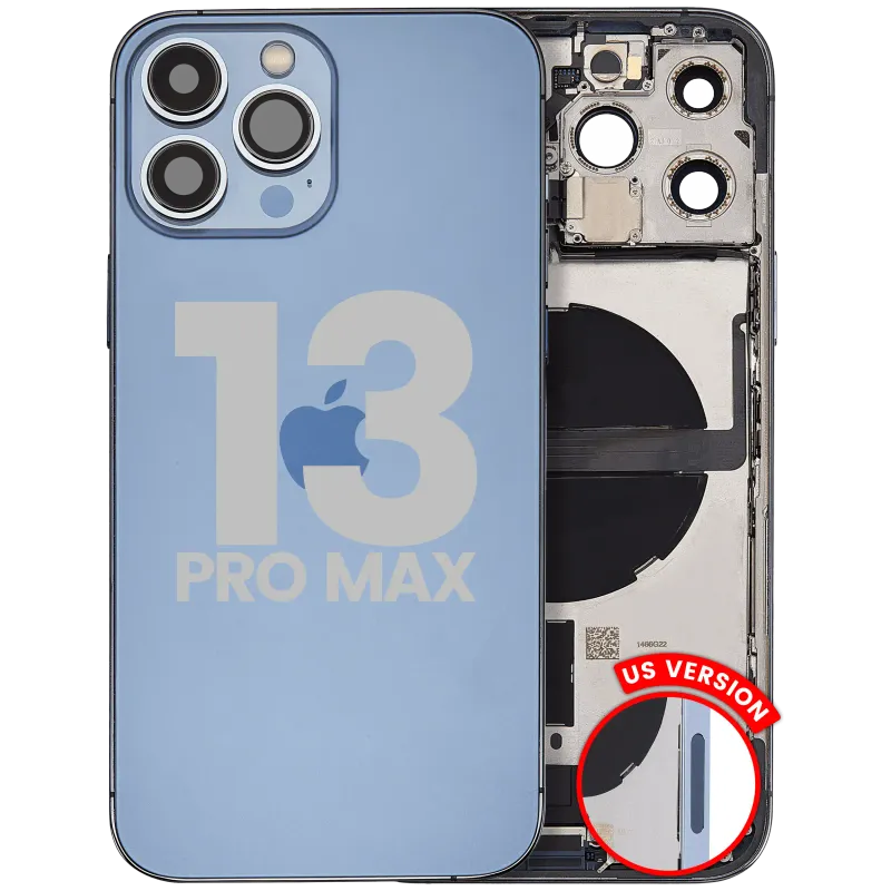 Zadní kryt (housing) s flexem nabíjecího konektoru a drobnými díly pro iPhone 13 Pro Max (US verze) (originál z vyřazeného zařízení, stav A) (horsky modrá)
