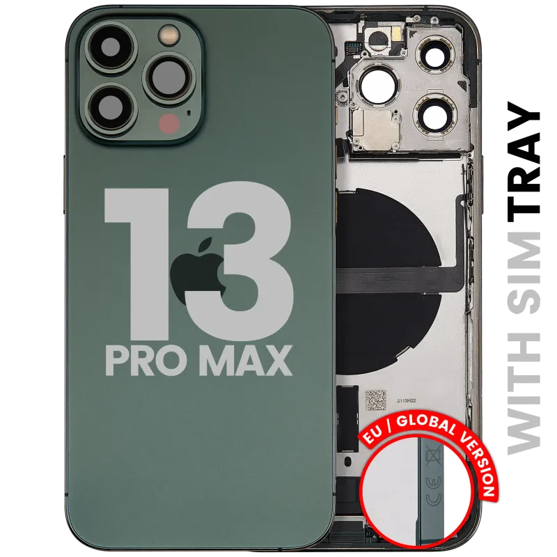 Zadní kryt (housing) s flexem nabíjecího konektoru a drobnými díly pro iPhone 13 Pro Max (EU verze) (originál z vyřazeného zařízení, stav A) (alpsky zelená)