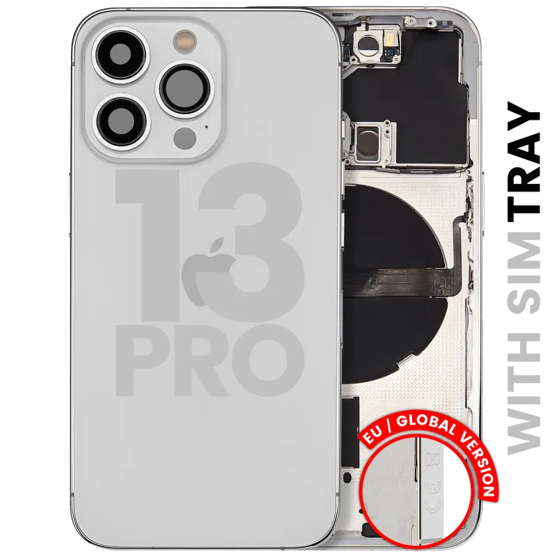 Zadní kryt (housing) s drobnými díly pro iPhone 13 Pro (EU verze) (originál z vyřazeného zařízení, stav B) (stříbrná)