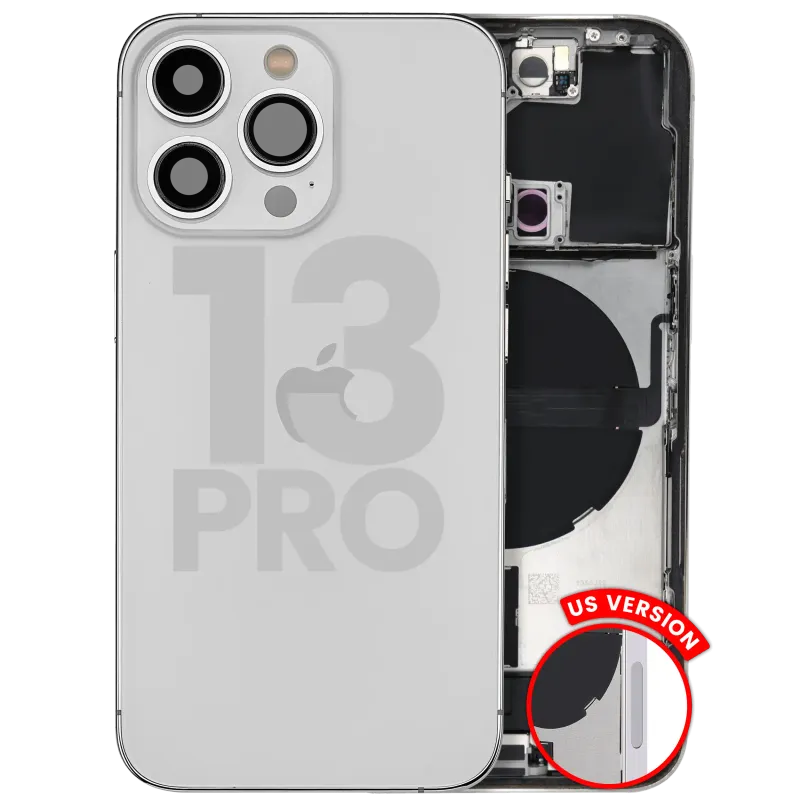 Zadní kryt (housing) s flexem nabíjecího konektoru a drobnými díly pro iPhone 13 Pro (US verze) (originál z vyřazeného zařízení, stav B) (stříbrná)