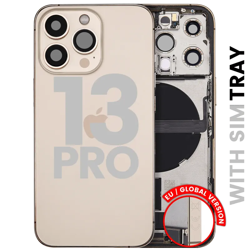 Zadní kryt (housing) s flexem nabíjecího konektoru a drobnými díly pro iPhone 13 Pro (EU verze) (originál z vyřazeného zařízení, stav B) (zlatá)