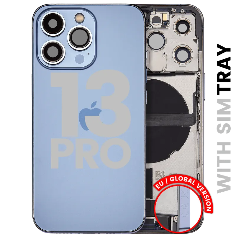 Zadní kryt (housing) s flexem nabíjecího konektoru a drobnými díly pro iPhone 13 Pro (EU verze) (originál z vyřazeného zařízení, stav B) (horsky modrá)