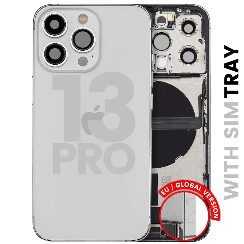 Zadní kryt (housing) s flexem nabíjecího konektoru a drobnými díly pro iPhone 13 Pro (EU verze) (originál z vyřazeného zařízení, stav B) (stříbrná)