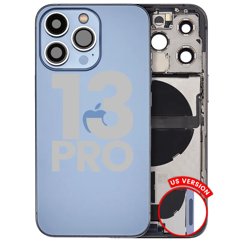 Zadní kryt (housing) s flexem nabíjecího konektoru a drobnými díly pro iPhone 13 Pro (US verze) (originál z vyřazeného zařízení, stav B) (horsky modrá)