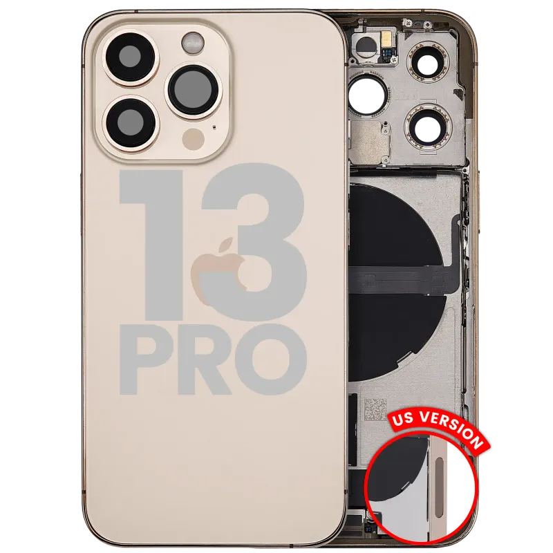 Zadní kryt (housing) s flexem nabíjecího konektoru a drobnými díly pro iPhone 13 Pro (US verze) (originál z vyřazeného zařízení, stav A) (zlatá)