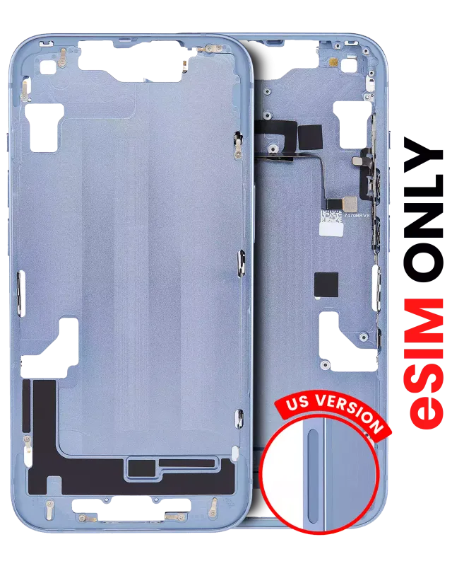 Střední rám (housing) s drobnými díly pro iPhone 14 (US verze) (Aftermarket Plus) (modrá)