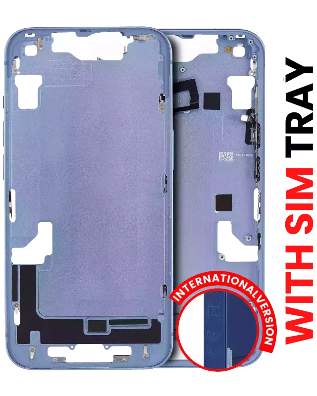 Střední rám (housing) s drobnými díly pro iPhone 14 (EU verze) (Aftermarket Plus) (modrá)