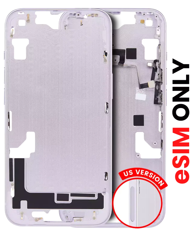 Střední rám (housing) s drobnými díly pro iPhone 14 (US verze) (Aftermarket Plus) (fialová)