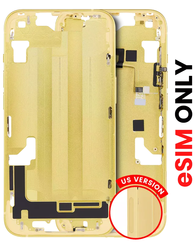 Střední rám (housing) s drobnými díly pro iPhone 14 (US verze) (Aftermarket Plus) (žlutá)
