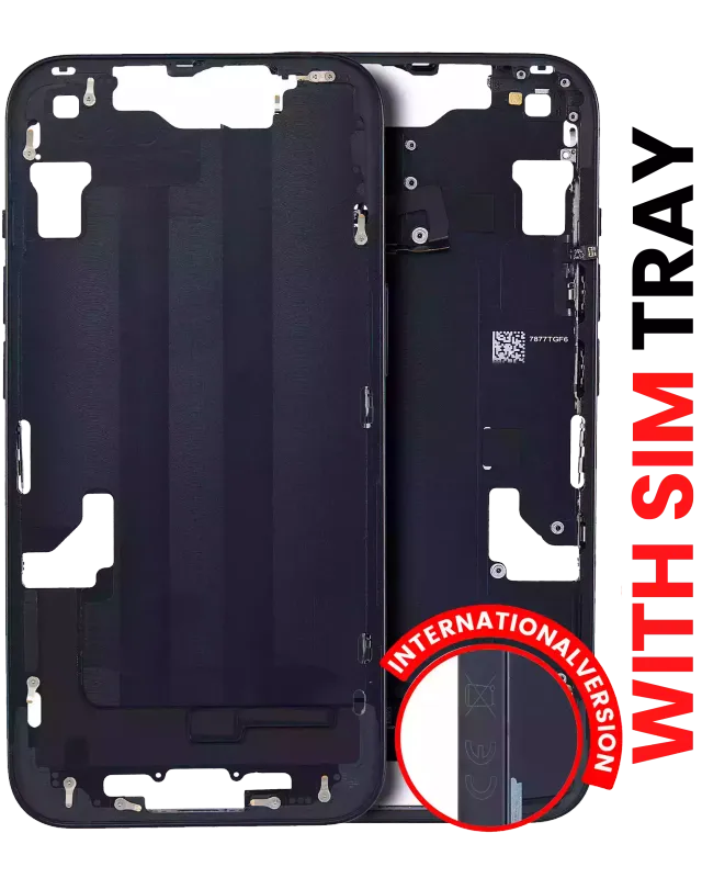 Střední rám (housing) s drobnými díly pro iPhone 14 (EU verze) (Aftermarket Plus) (temně inkoustová)