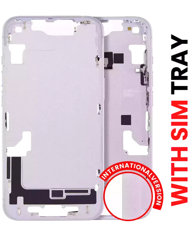 Střední rám (housing) s drobnými díly pro iPhone 14 (EU verze) (Aftermarket Plus) (fialová)
