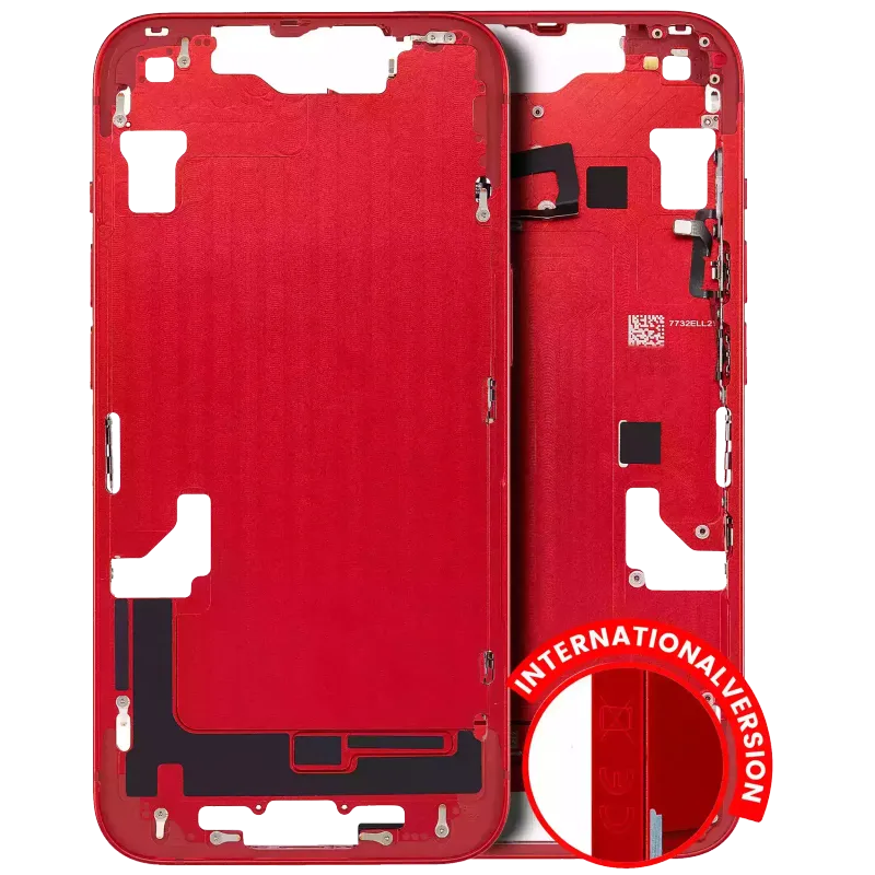 Střední rám (housing) s drobnými díly pro iPhone 14 (EU verze) (Aftermarket Plus) (červená)