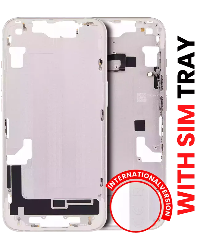 Střední rám (housing) s drobnými díly pro iPhone 14 (EU verze) (Aftermarket Plus) (hvězdně bílá)