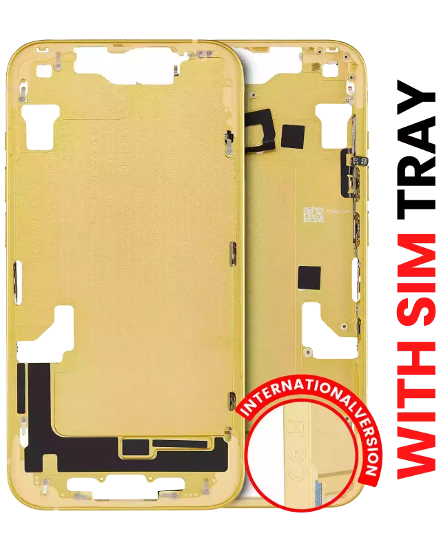 Střední rám (housing) s drobnými díly pro iPhone 14 (EU verze) (Aftermarket Plus) (žlutá)