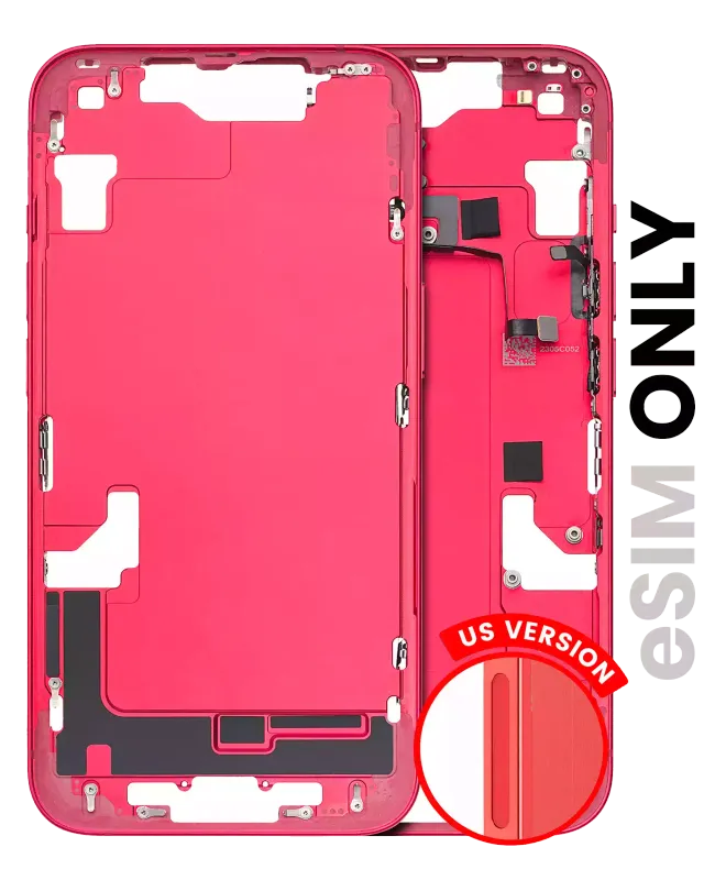 Střední rám (housing) s drobnými díly pro iPhone 14 (US verze) (originál z vyřazeného zařízení, stav C) (červená)