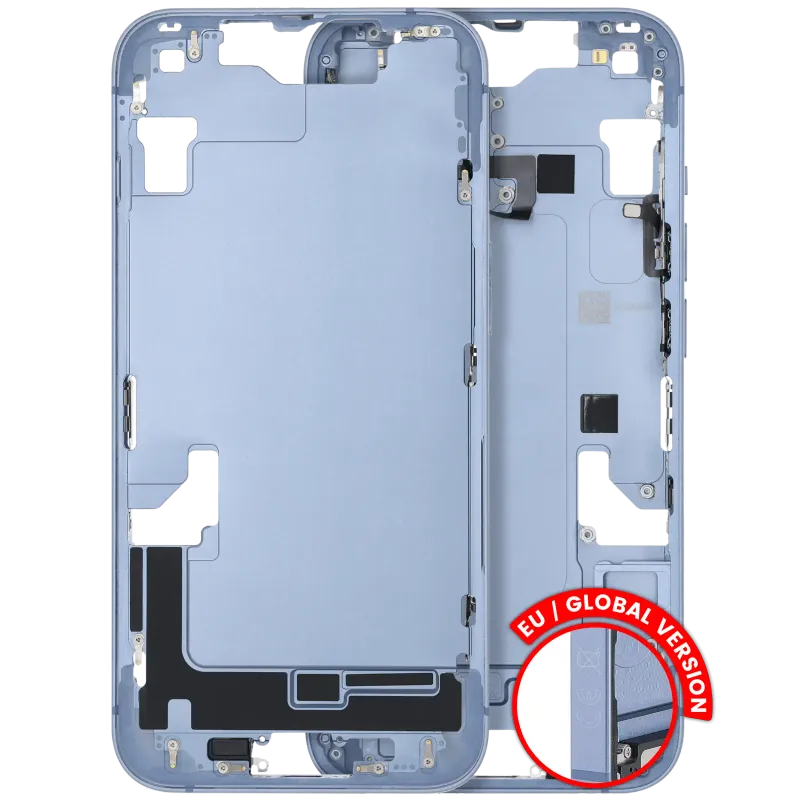 Střední rám (housing) s drobnými díly pro iPhone 14 (EU verze) (originál z vyřazeného zařízení, stav C) (modrá)