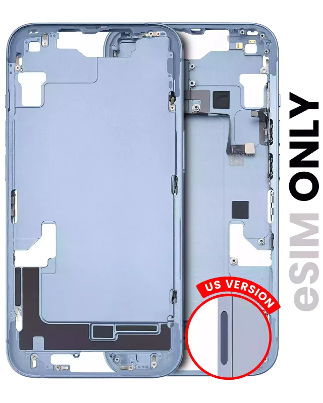 Střední rám (housing) s drobnými díly pro iPhone 14 (US verze) (originál z vyřazeného zařízení, stav C) (modrá)