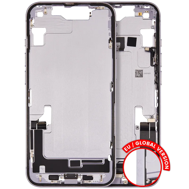 Střední rám (housing) s flexem nabíjecího konektoru a drobnými díly pro iPhone 14 (EU verze) (originál z vyřazeného zařízení, stav C) (fialová)