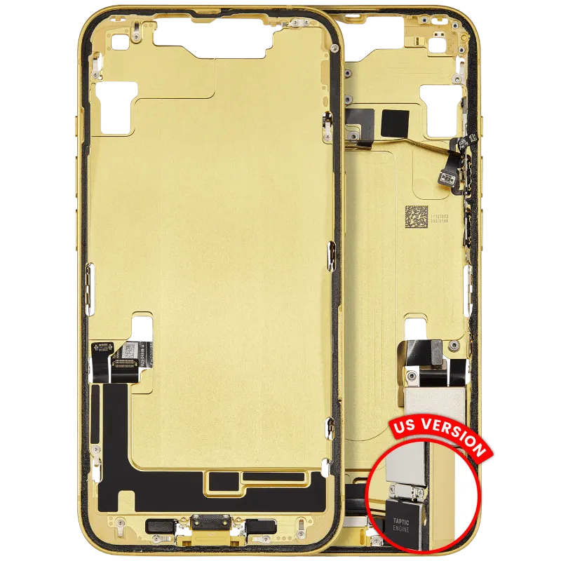 Střední rám (housing) s flexem nabíjecího konektoru a drobnými díly pro iPhone 14 (US verze) (originál z vyřazeného zařízení, stav C) (žlutá)