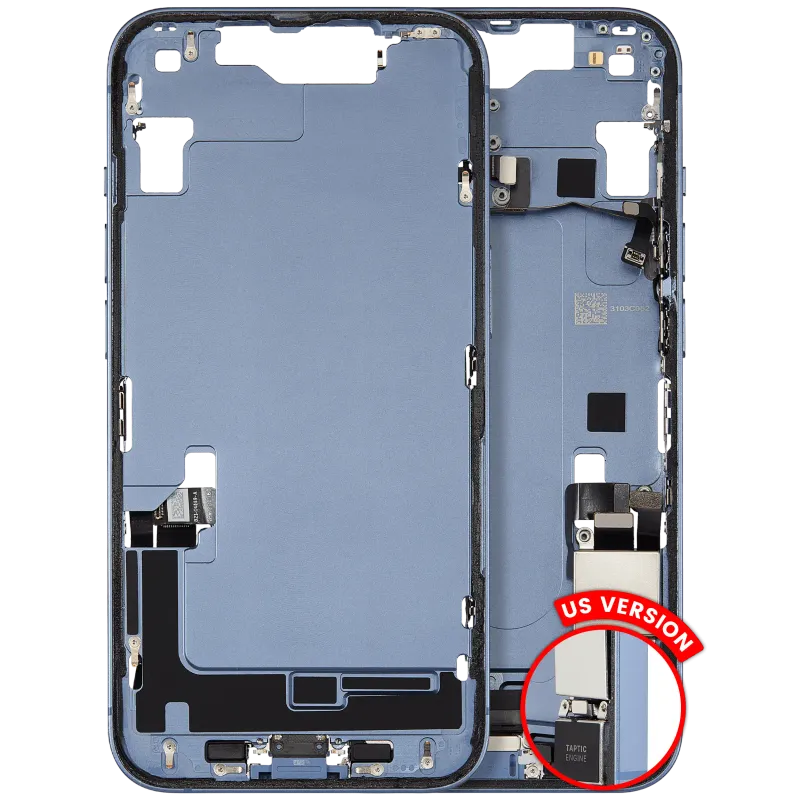 Střední rám (housing) s flexem nabíjecího konektoru a drobnými díly pro iPhone 14 (US verze) (originál z vyřazeného zařízení, stav C) (modrá)