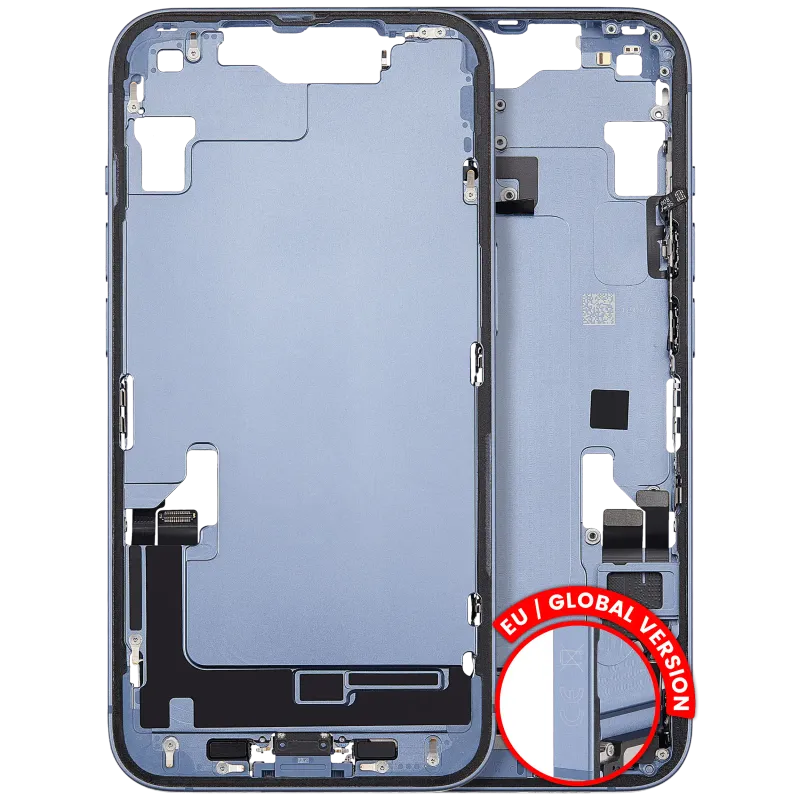 Střední rám (housing) s flexem nabíjecího konektoru a drobnými díly pro iPhone 14 (EU verze) (originál z vyřazeného zařízení, stav C) (modrá)