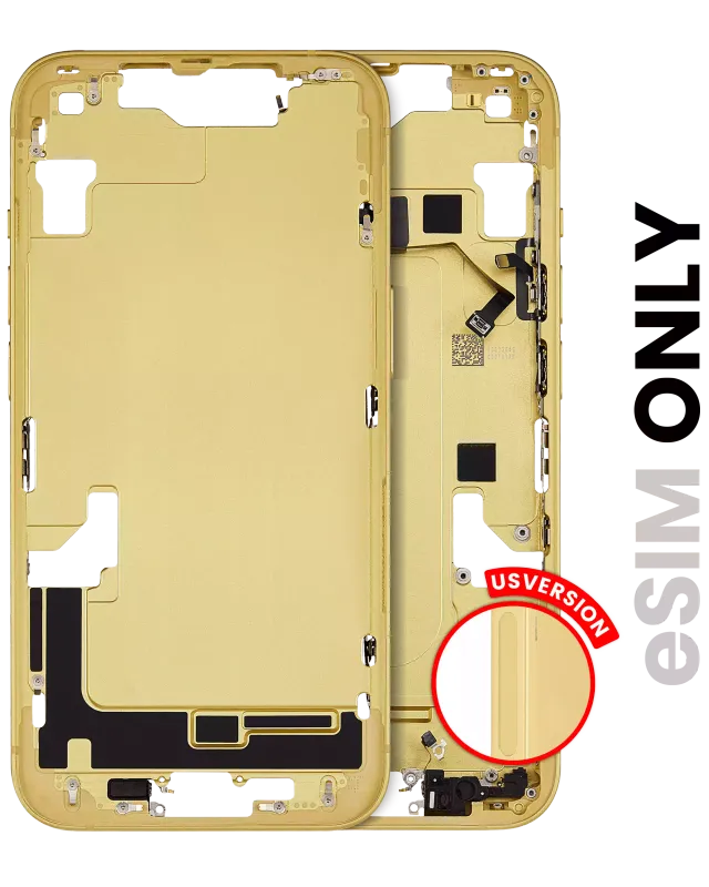 Střední rám (housing) s drobnými díly pro iPhone 14 (US verze) (originál z vyřazeného zařízení, stav B) (žlutá)