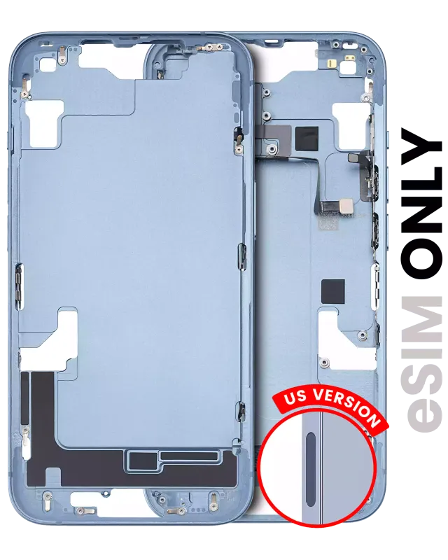 Střední rám (housing) s drobnými díly pro iPhone 14 (US verze) (originál z vyřazeného zařízení, stav B) (modrá)