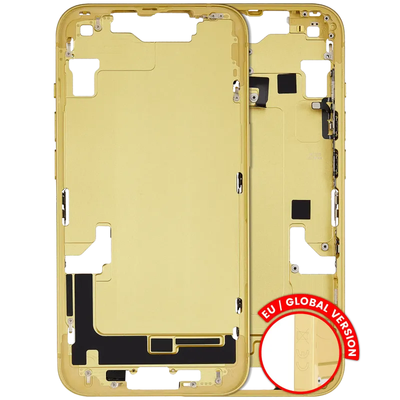 Střední rám (housing) s drobnými díly pro iPhone 14 (EU verze) (originál z vyřazeného zařízení, stav B) (žlutá)
