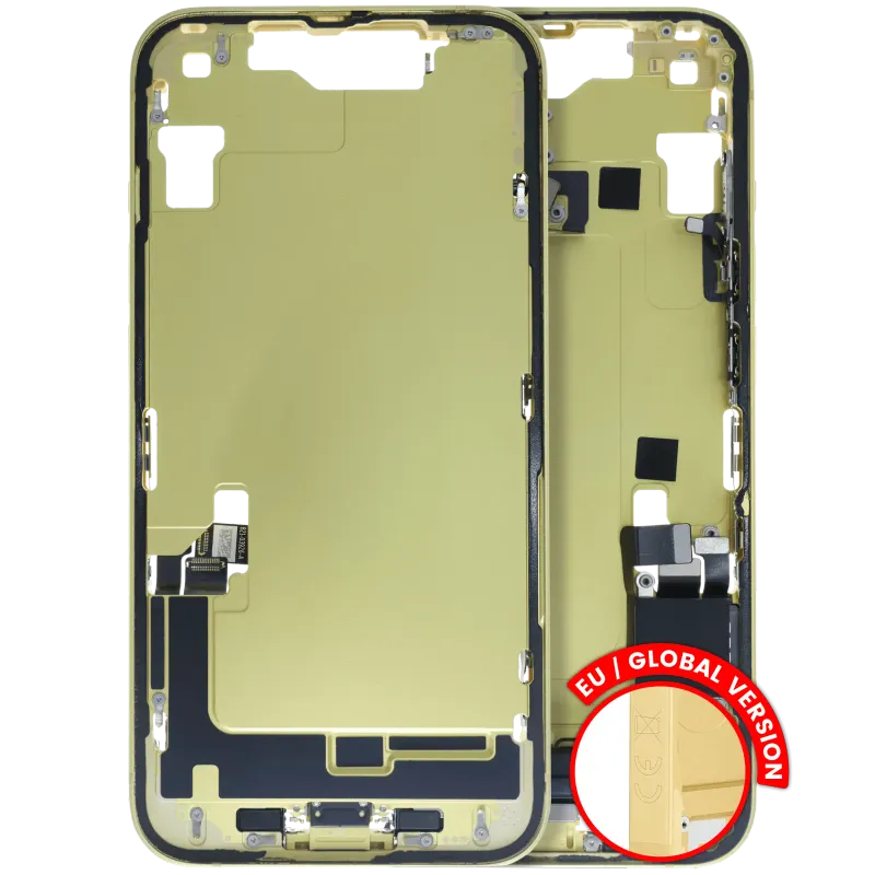 Střední rám (housing) s flexem nabíjecího konektoru a drobnými díly pro iPhone 14 (EU verze) (originál z vyřazeného zařízení, stav B) (žlutá)