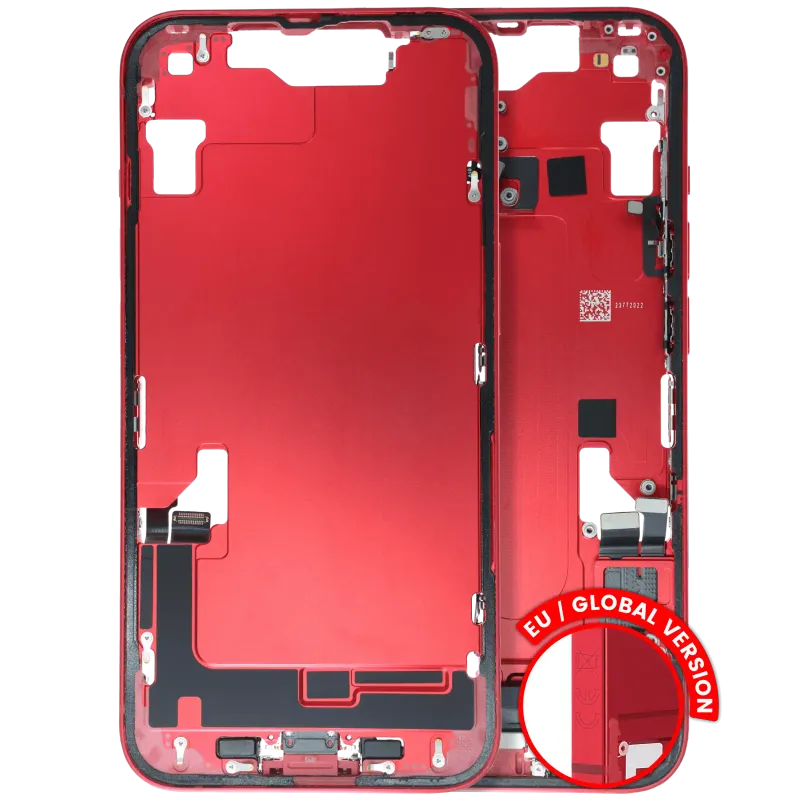 Střední rám (housing) s flexem nabíjecího konektoru a drobnými díly pro iPhone 14 (EU verze) (originál z vyřazeného zařízení, stav B) (červená)