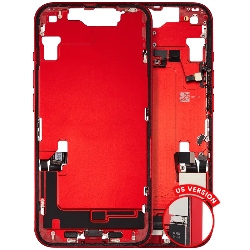 Střední rám (housing) s flexem nabíjecího konektoru a drobnými díly pro iPhone 14 (US verze) (originál z vyřazeného zařízení, stav B) (červená)