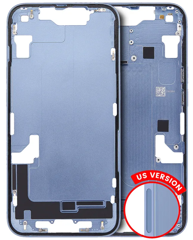 Střední rám (housing) s drobnými díly pro iPhone 14 (US verze) (originál z vyřazeného zařízení, stav A) (modrá)