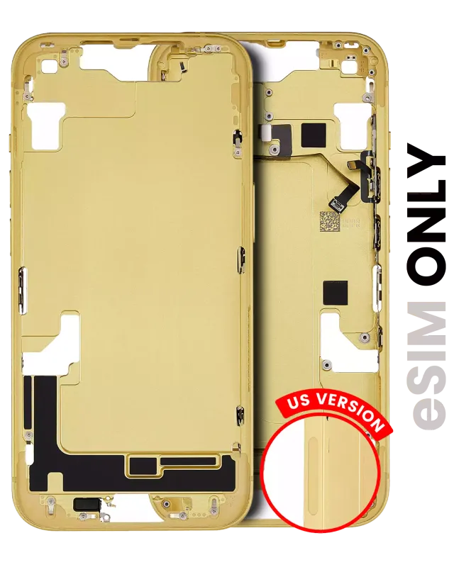 Střední rám (housing) s drobnými díly pro iPhone 14 (US verze) (originál z vyřazeného zařízení, stav A) (žlutá)