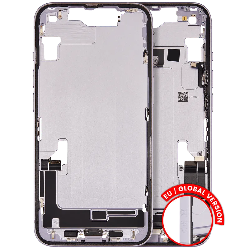 Střední rám (housing) s flexem nabíjecího konektoru a drobnými díly pro iPhone 14 (EU verze) (originál z vyřazeného zařízení, stav A) (fialová)