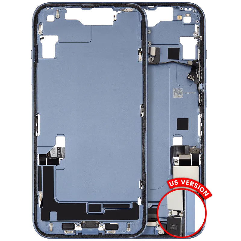 Střední rám (housing) s flexem nabíjecího konektoru a drobnými díly pro iPhone 14 (US verze) (originál z vyřazeného zařízení, stav A) (modrá)