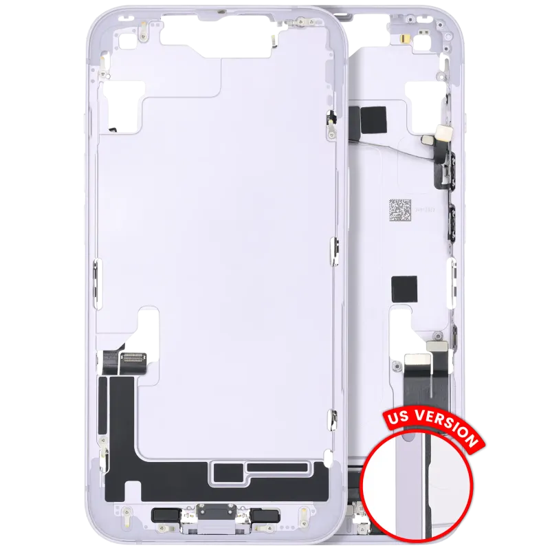 Střední rám (housing) s flexem nabíjecího konektoru a drobnými díly pro iPhone 14 (US verze) (originál z vyřazeného zařízení, stav A) (fialová)