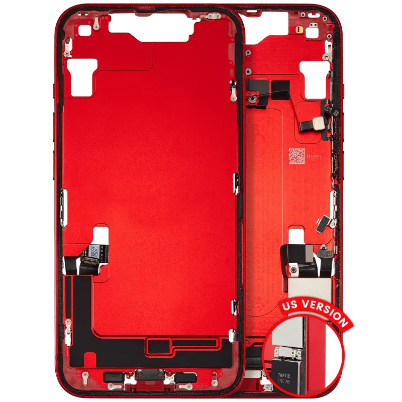 Střední rám (housing) s flexem nabíjecího konektoru a drobnými díly pro iPhone 14 (US verze) (originál z vyřazeného zařízení, stav A) (červená)