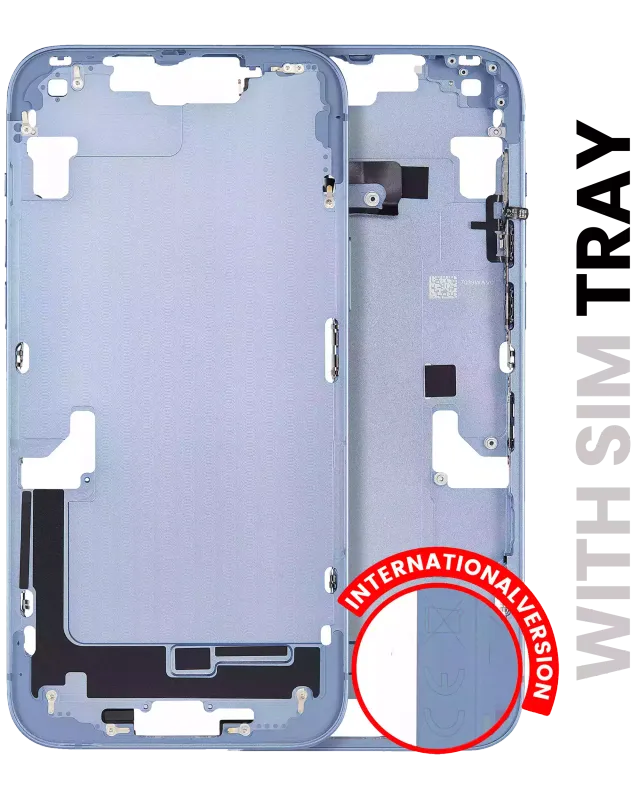 Střední rám (housing) s drobnými díly pro iPhone 14 (EU verze) (originál z vyřazeného zařízení, stav A) (modrá)