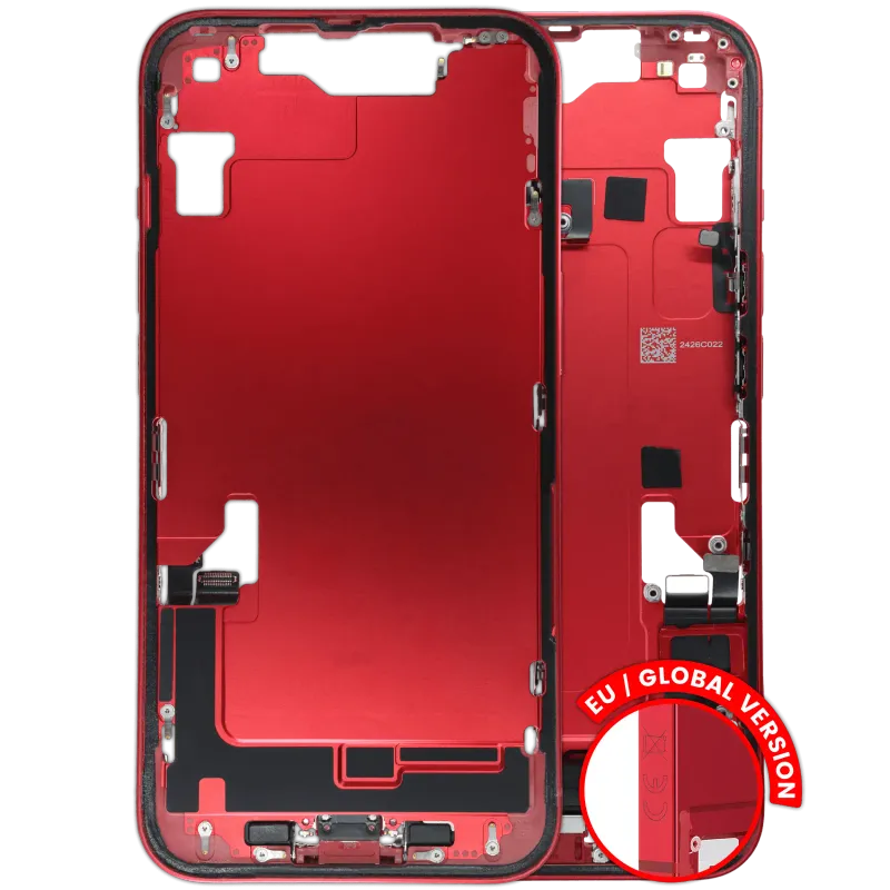 Střední rám (housing) s flexem nabíjecího konektoru a drobnými díly pro iPhone 14 (EU verze) (originál z vyřazeného zařízení, stav A) (červená)