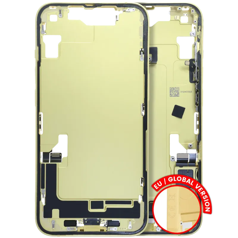 Střední rám (housing) s flexem nabíjecího konektoru a drobnými díly pro iPhone 14 (EU verze) (originál z vyřazeného zařízení, stav A) (žlutá)