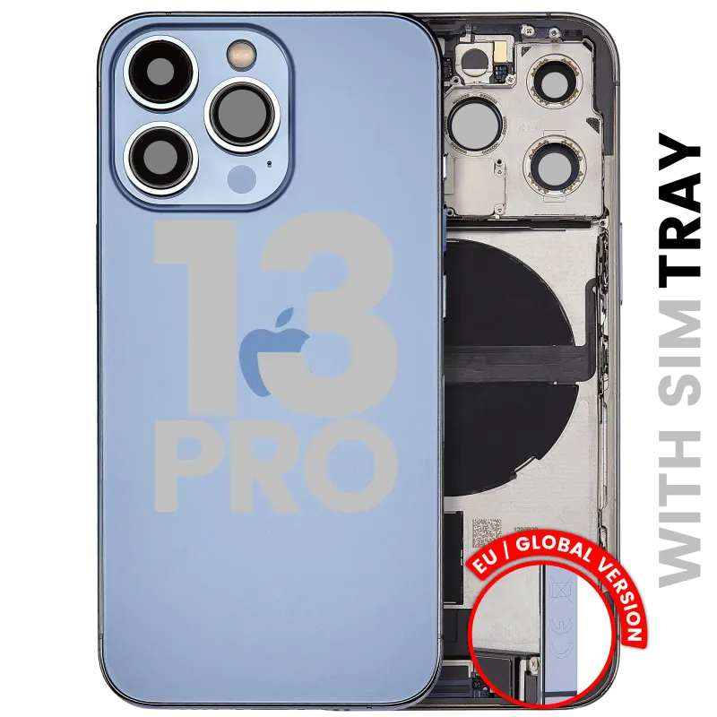 Zadní kryt (housing) s flexem nabíjecího konektoru a drobnými díly pro iPhone 13 Pro (EU verze) (originál z vyřazeného zařízení, stav A) (horsky modrá)