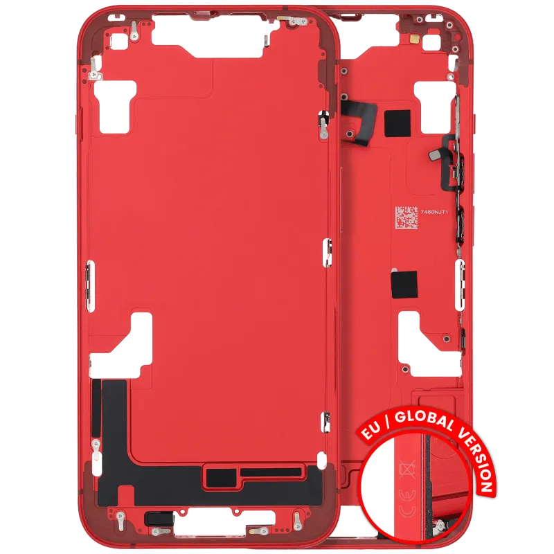 Střední rám (housing) s drobnými díly pro iPhone 14 (EU verze) (originál z vyřazeného zařízení, stav C) (červená)
