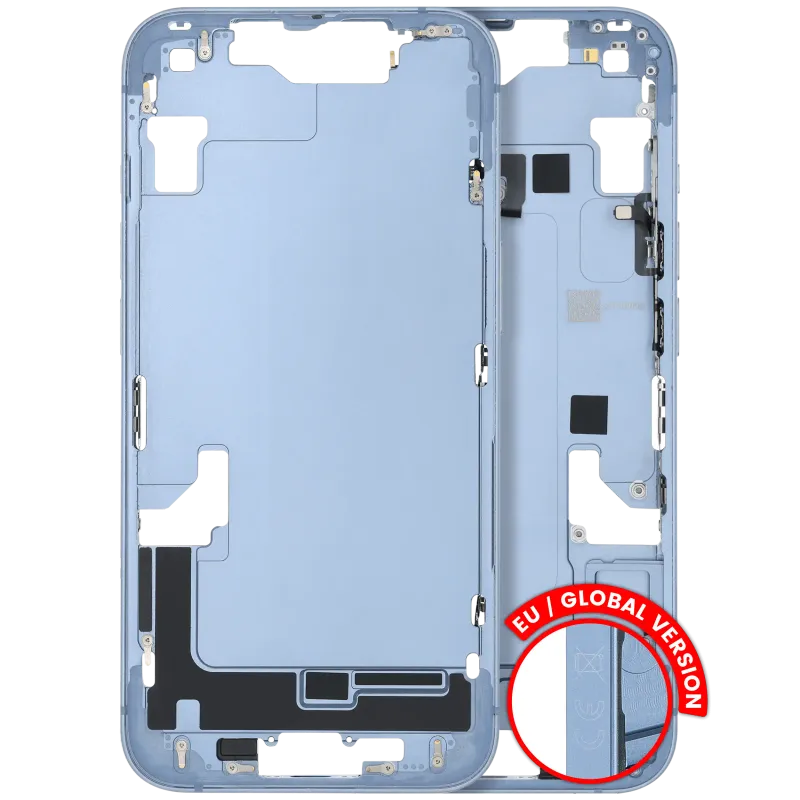 Střední rám (housing) s drobnými díly pro iPhone 14 (EU verze) (originál z vyřazeného zařízení, stav B) (modrá)